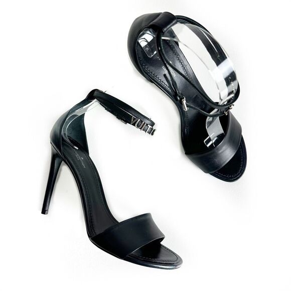 LOUIS VUITTON Black Call Back Sandal Heels Size 39 US 8.5 Logo Leather Strappy - Picture 4 of 15